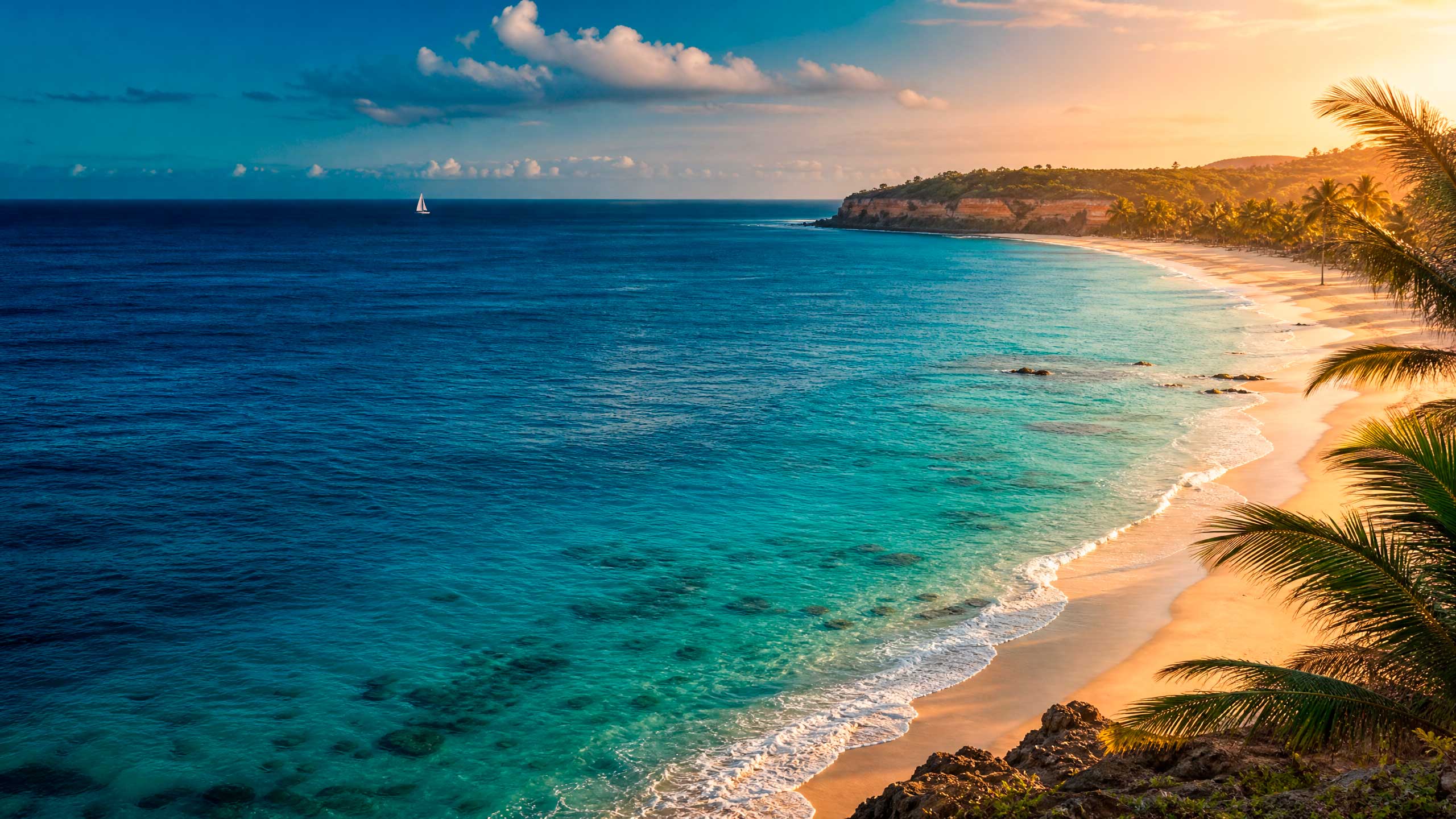 Praia tropical ao entardecer, com água azul e areia clara